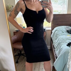 Express Black Ribbed Notch-Neck Midi Bodycon Dress